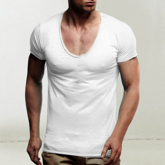 UQJfacai Mens V-Neck T-Shirts Scoop Neck Short Sleeve Slim Fit Basic Tees Muscle Shirt Athletic Gym Running Casual Tops S-3XL