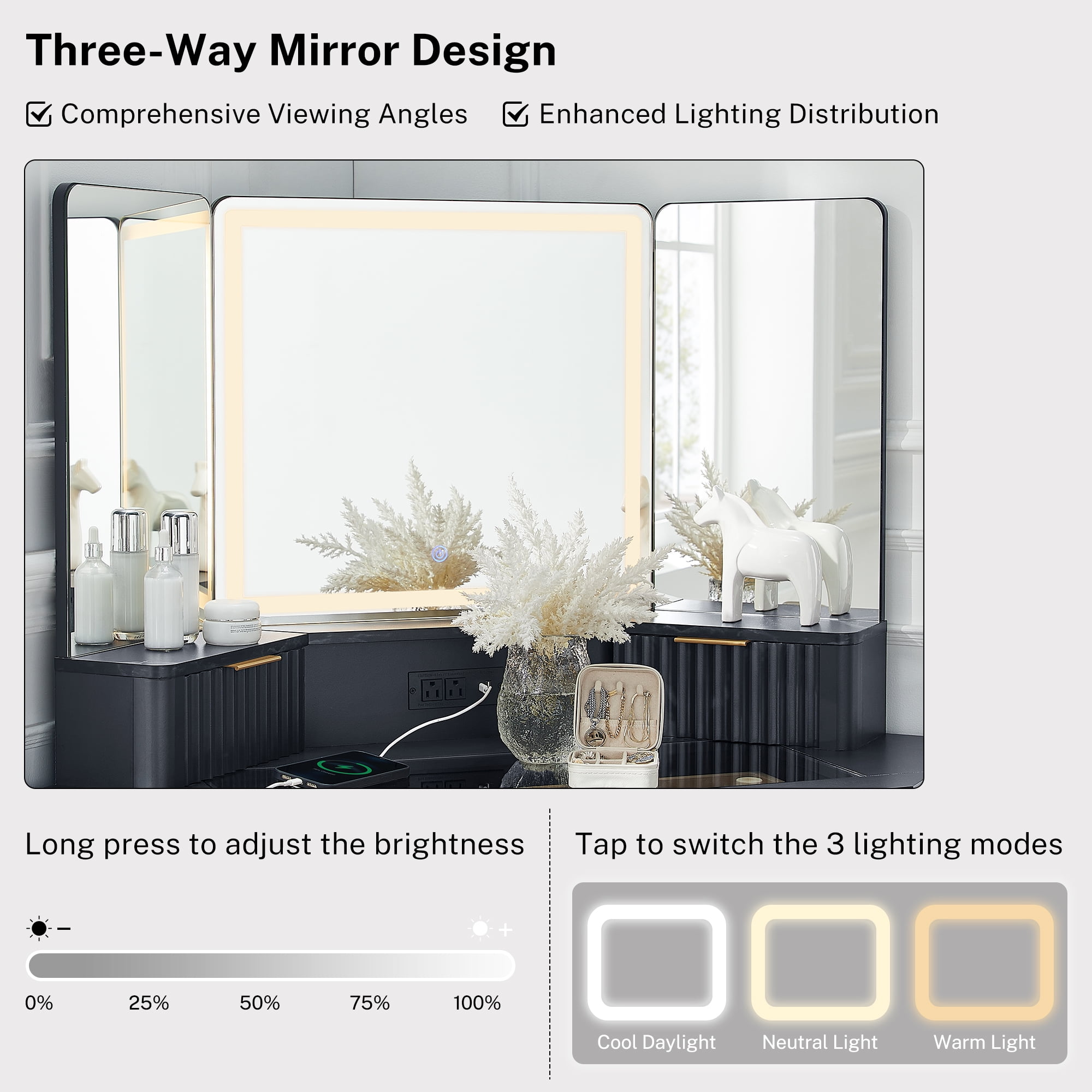 OKD 48" Fluted Makeup Vanity Desk with HD Triple Mirror and Lights, Modern Corner Vanity with 3 Drawers & 2 Cabin ets, Charging Station - Dark Grey