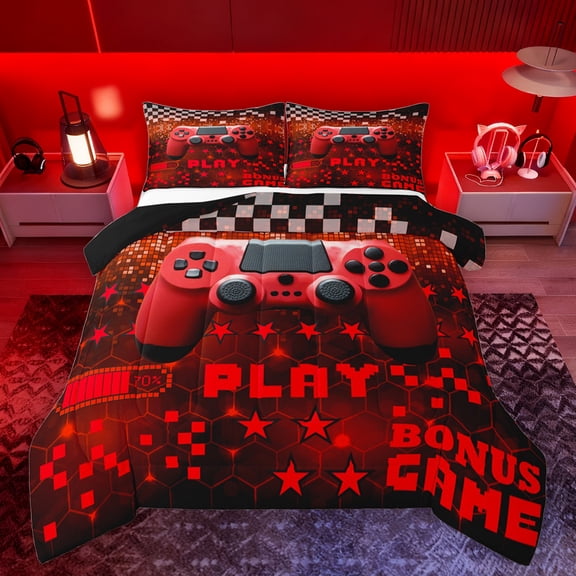 Feelyou 3D Red Gamepad Full Size Comforter Sets for Kids, Neon Glowing Honeycomb Bedding Comforter Set, Cartoon Stars Square Reversible Bedding Sets, Lightweight Room Decor, 3-Piece