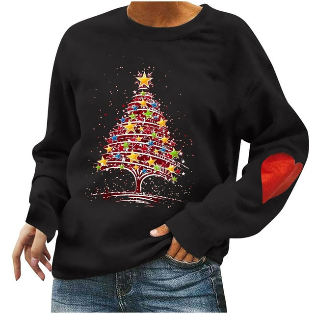 T-Shirt Décontracté à Manches Longues et Col Rond pour Femmes avec Imprimé de Noël