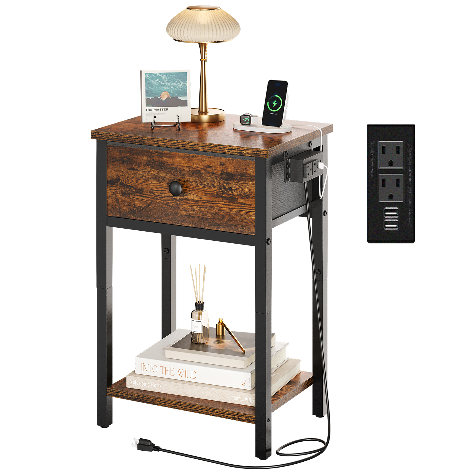 Yoobure Nightstand with Charging Station, Rustic Brown photo 1