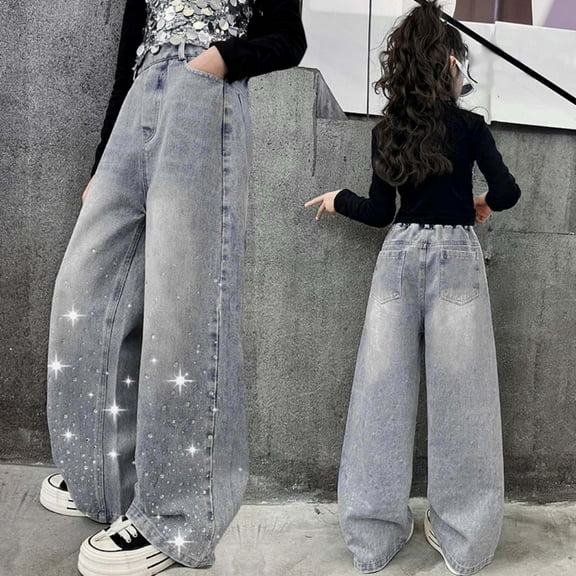 Teens Jeans Girls Star Jeans Girls Straight Leg Jeans Wide Leg Girls Pants High Waist Girls Baggy Pants Casual Girls Clothes Size 10-11 Years