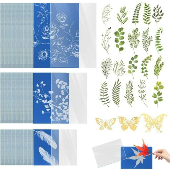 30 Sheets Sun Printing Papers, Boriyuan A4 A5 A6 Cyanotype Paper with 3 Acrylic Plates and 23 Leaf Butterfly Templates, Sun Printing Art Drawing Paper for Adults DIY Art Crafts Supplies