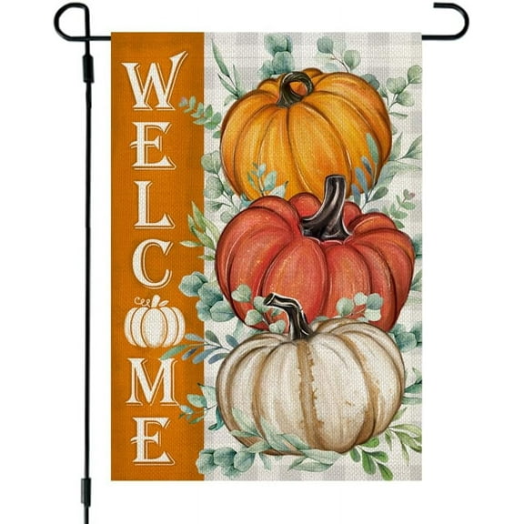 Shmbada Fall Pumpkins Garden Flag 12x18 Inch Double Sided Small Burlap Eucalyptus Leaves Holiday Flag for Outside Yard Welcome