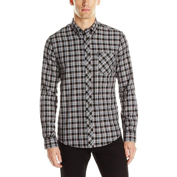 Ben Sherman - Herringbone Check Mens Button-Up Long Sleeve Shirt Black 2XL