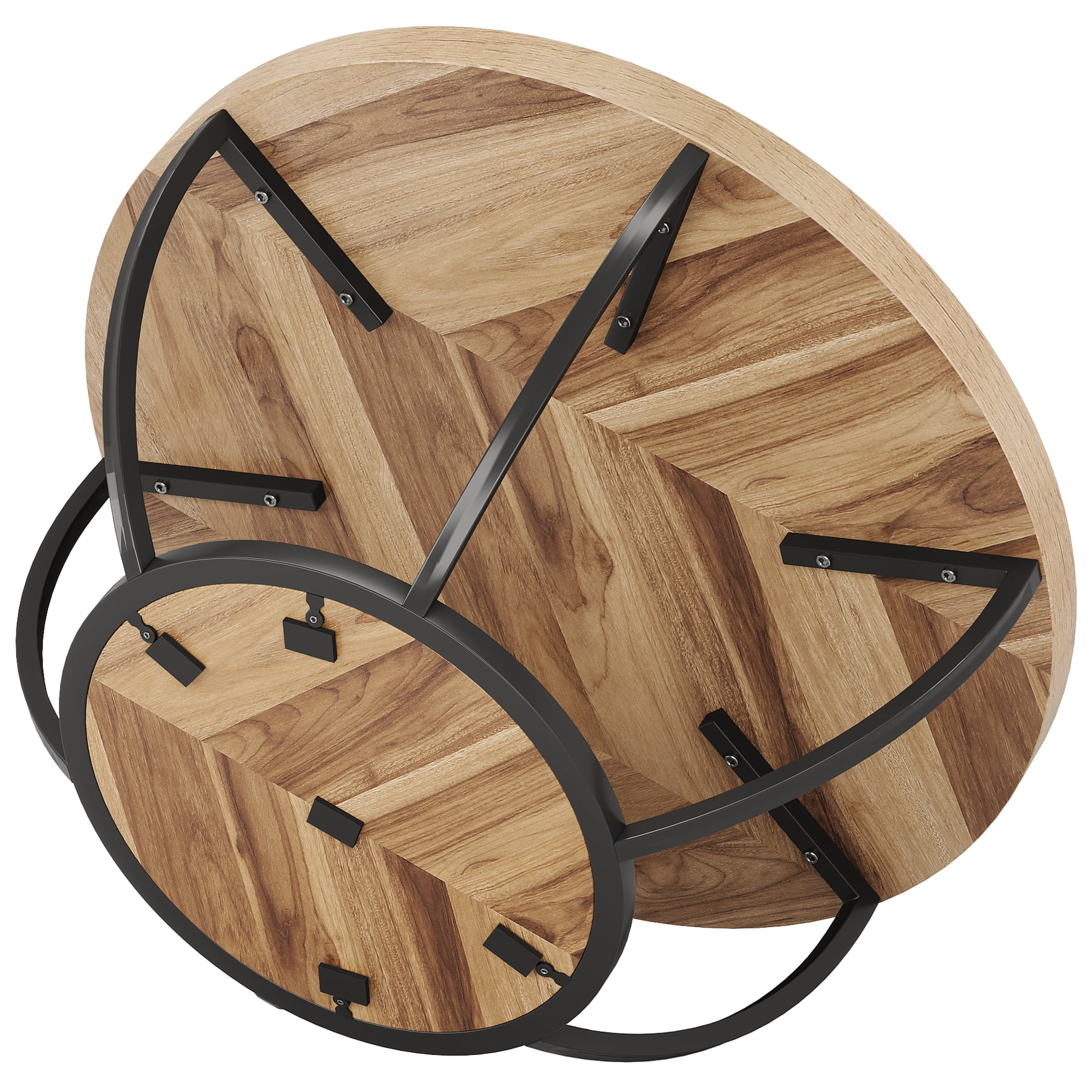 Fnova Coffee Table with 2 - Tier Storage, 32" Round Wood Coffee Table with Metal Legs, Modern Rustic Style Center Table for Living Room, Warm Brown and Black