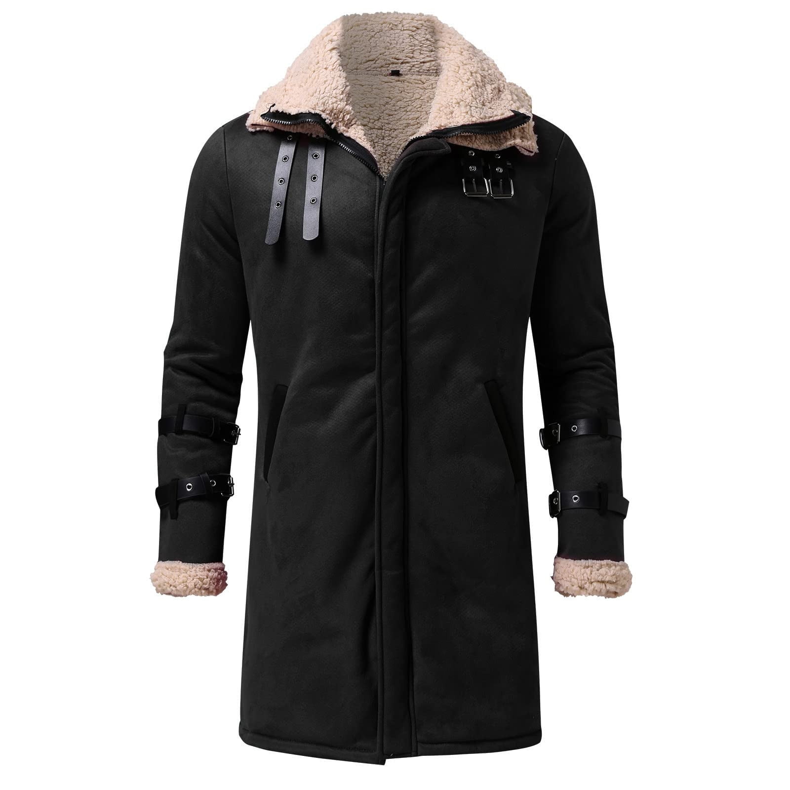 RongHuan Men's Big and Tall Faux Leather Coat Fleece Sherpa Lined Warm Trench Coats Winter Faux Fur Collar Jacket Thickened Long Sleeve Outwear