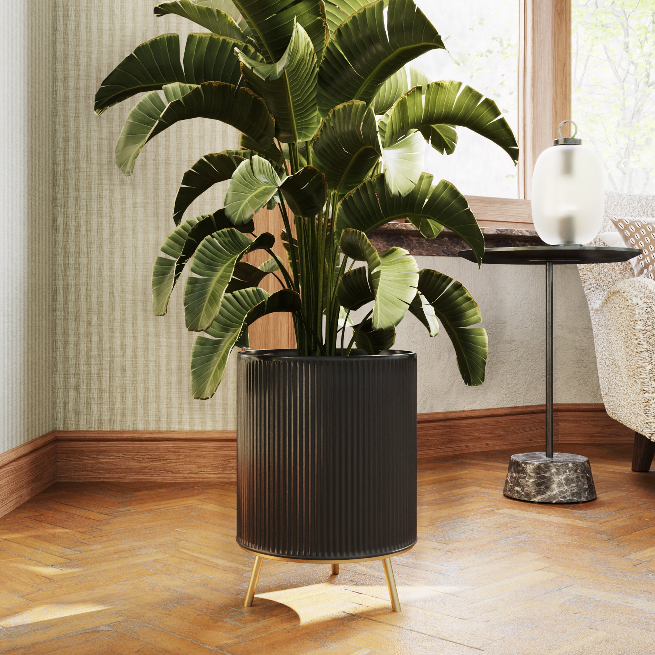 Everett Black Mid-Century Modern Indoor Metal Pot Planter with 3-Leg Metal Base - 16" H x 12.25" W