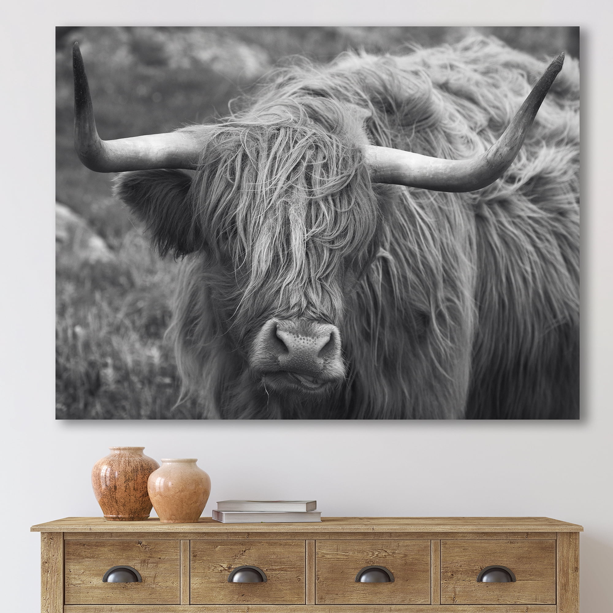Designart ' Close Up Of Scottish Cow On Moorland I ' Farmhouse Canvas Wall Art Print