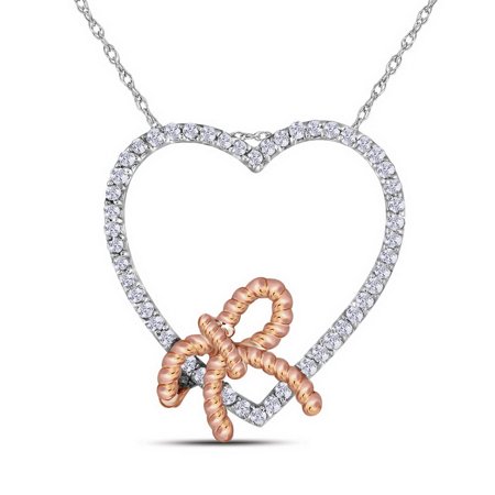 - 10kt White Gold Womens Round Diamond Rose-tone Rope Knot Bow Heart Pendant 1/6 Cttw = .15 Cttw (I3 Clarity, round cut)