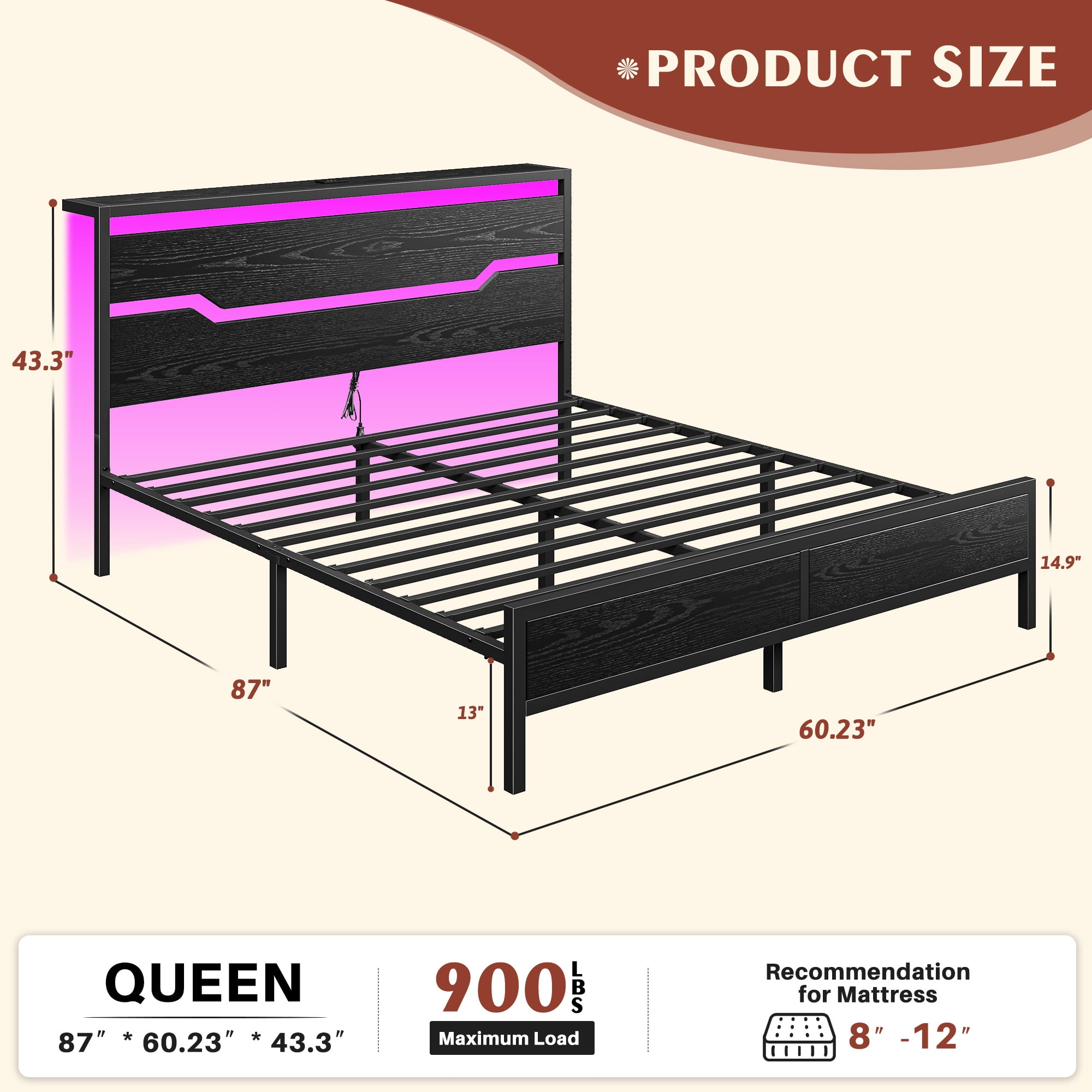EnHomee Queen Size Metal Bed Frame with Storage Metal Bed Frame with Headboard & Charge Station & LED Lights & 13" Under-Bed Storage, Black