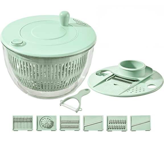 QOPR Salad Spinner Large, Vegetables Wash Bowl, Fruits & Herb Lettuce Spinner with 5 Blade Slicer Egg Yolk Strainer Shredder, Fruit Washing Bowl with Strainer, 4.25Qt,Green