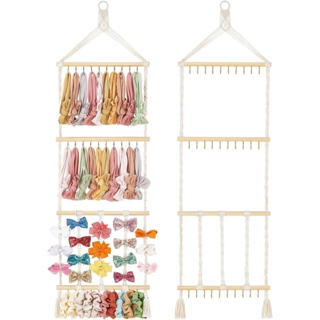 Headband Holder Hair Bow Organizer Scrunchie Holder for Girls, Macrame Bows Hanger Accessories Storage Display with 30 Hooks Wall Door Boho Nursery Bathroom Bedroom Decor for Toddler Baby