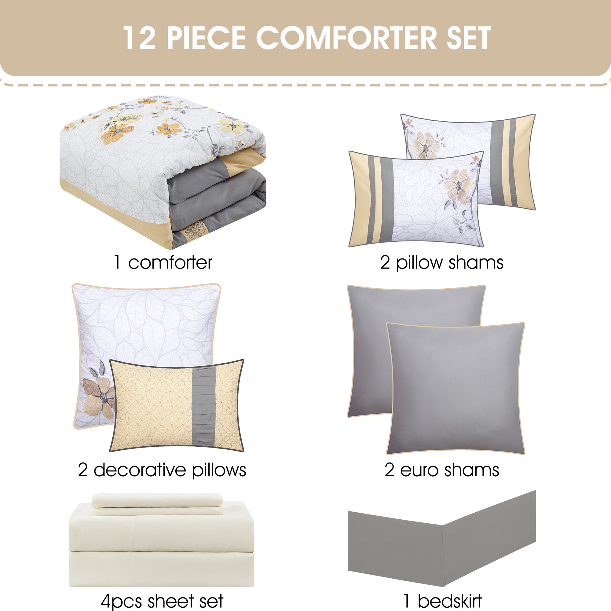 Lanco Tulip Floral Bed in a Bag 12-Piece Bedding Comforter Set, Yellow Gray, Bed Size King, 100% Polyester Fill