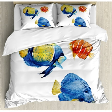 Tropical Queen Bedding Sets Fish Queen Size Duvet Cover Set, Tropical Aquarium Life Discus Fish and Goldfish in Different Patterns, Decorative 3 Piece Bedding Set with 2 Pillow Shams, Azure Blue Yellow Scarlet, by Ambesonne ()
