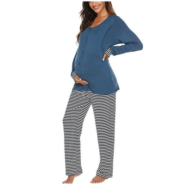 VOIANLIMO Women Maternity Clothes Nursing Pajama Set Long Sleeve T-Shirt  Tops Striped Pants Breastfeeding Sleepwear Hospital Pajamas Comfy Homewear