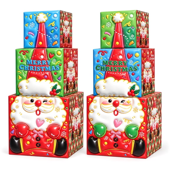 Teblint 6Pcs Christmas Nesting Gift Boxes, 3 Sizes Stackable Santa Claus Present Boxes with Lids, Cardboard Holiday Display & Packaging for Under Tree, Mantel, Christmas Decor