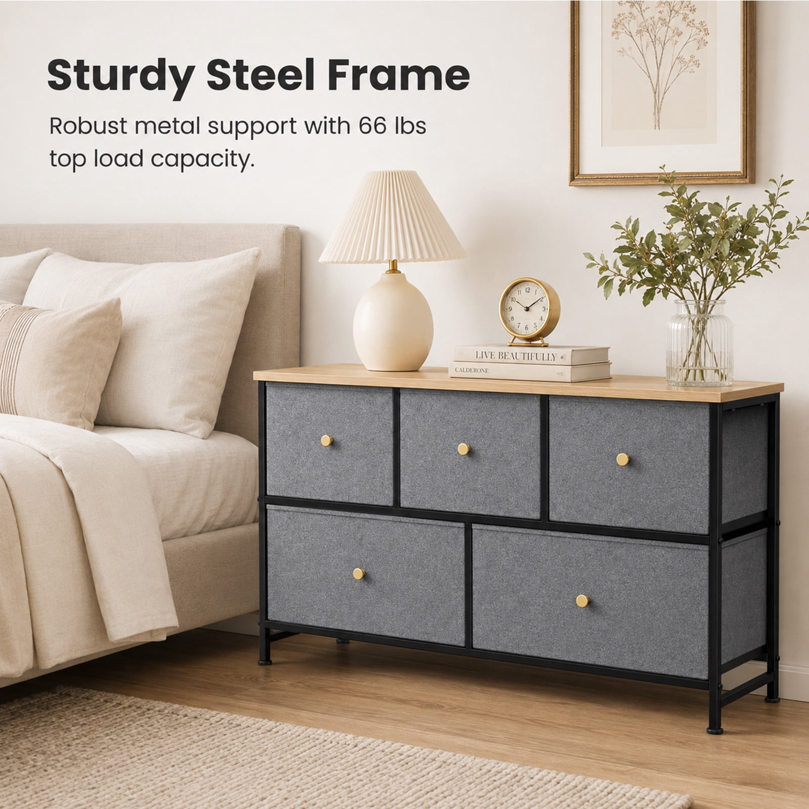Alvantor 5/7 Drawer Fabric Dresser, Storage Tower for Bedroom and Closet, Chest of Drawers with Sturdy Steel Frame & Wooden Top for Living Room, Entryway