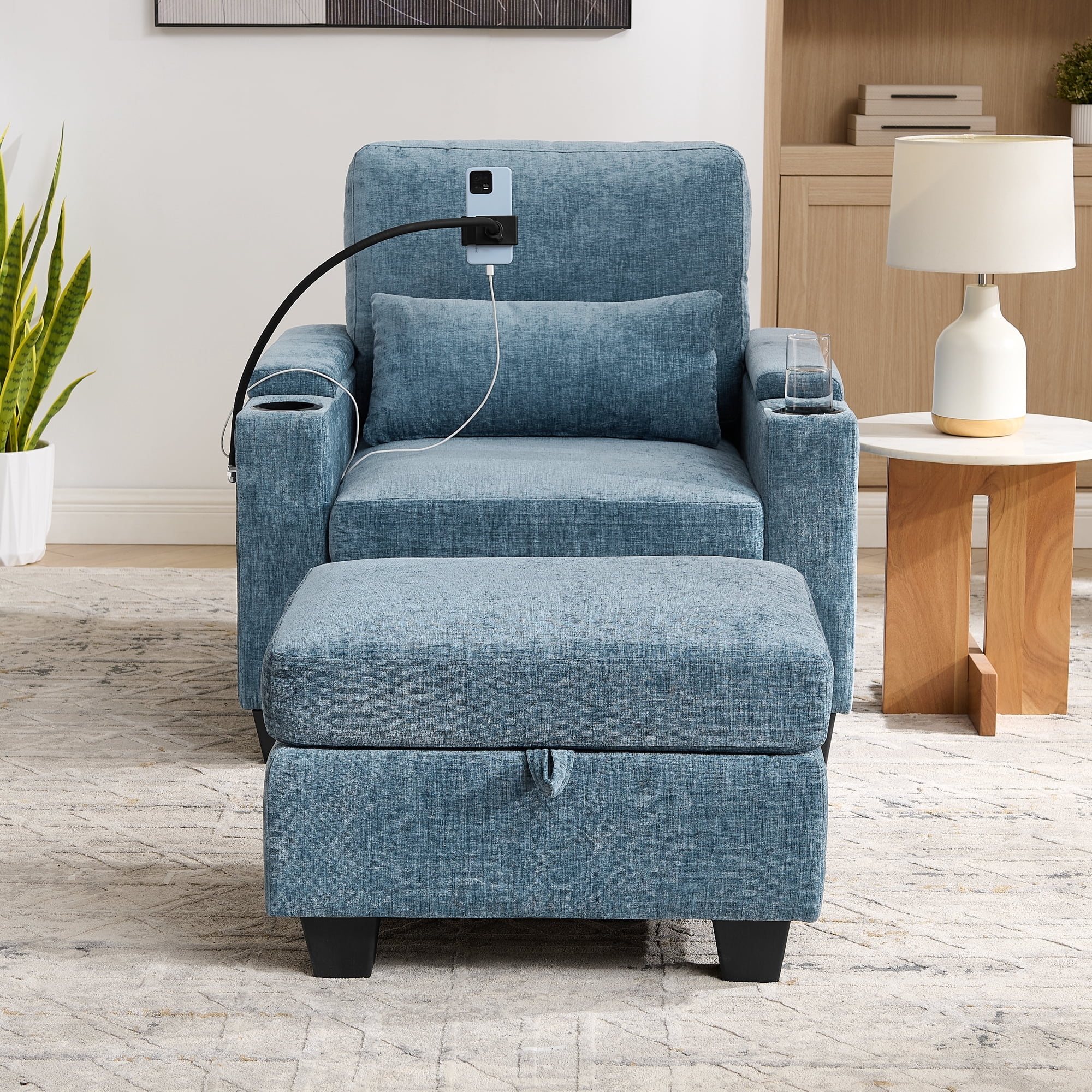 Recliner Chair with Adjustable Backrest, Cup Holders, USB Charging Port, Phone Stand, Arm Storage and Storage Ottoman