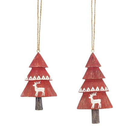 Red Christmas Trees With Deer Hanging Ornaments Set Of 2 Holiday