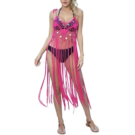 AOMPMSDX Beach Skirt Fashion Sequin Stitching Pure Hand Hook Suspender Skirt Vacation Long Tassel Bikini Cover Up Hot Pink One Size