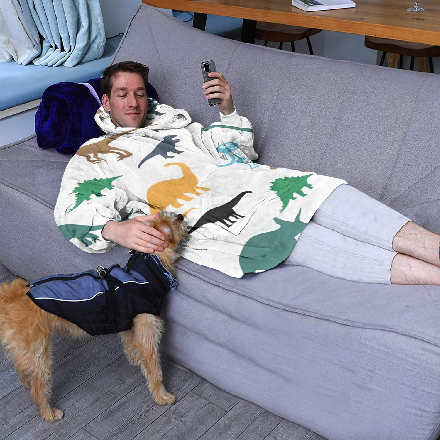 Wearable Oversized Blanket,Colorful Dinosaurs Silhouettes Pattern Wearable Blanket Hoodie for Adults,Cozy Hooded Blankets with Super Pockets,Super Warm Fuzzy Pullover for Women & Men