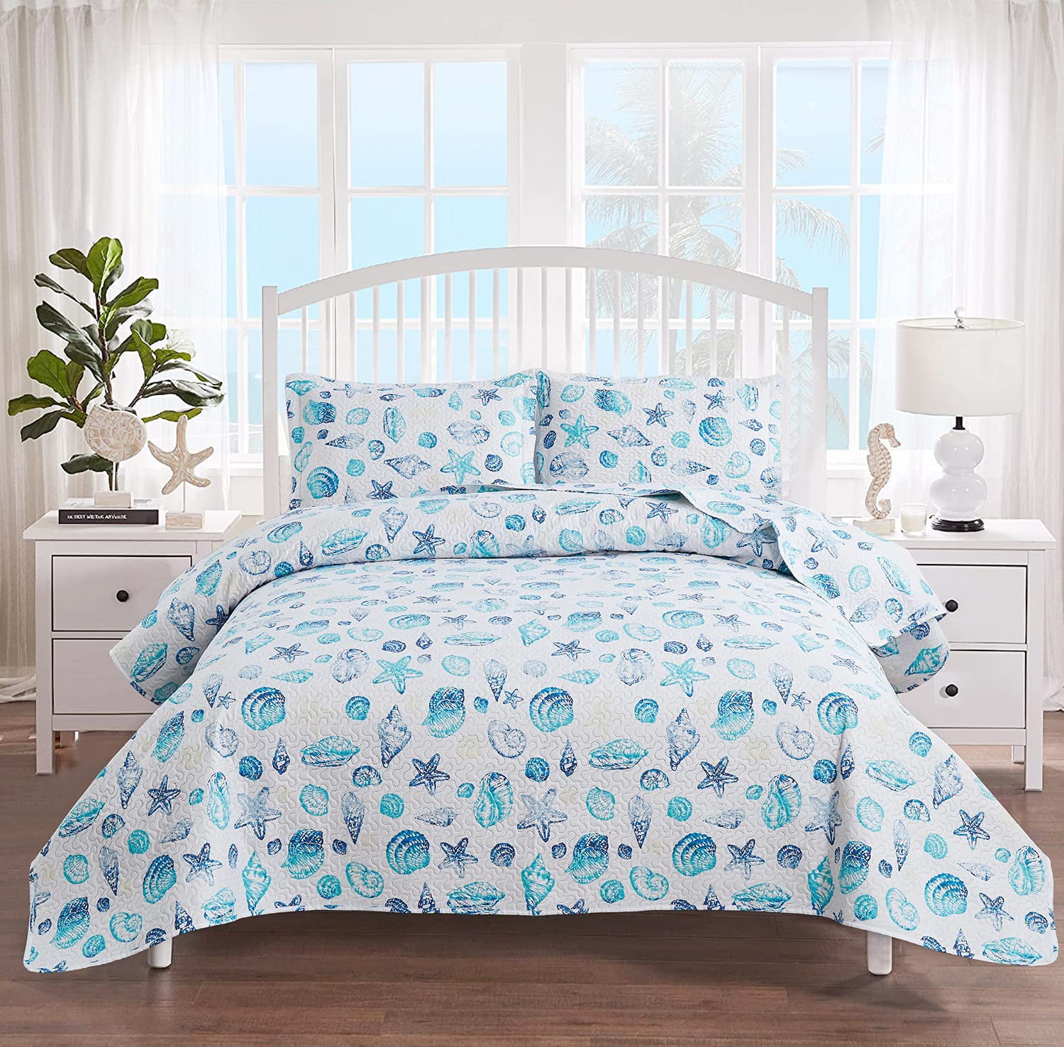 Coastal Quilt Set Queen Reversible Blue Beach Fish Comforter Bedding Bed Cover 