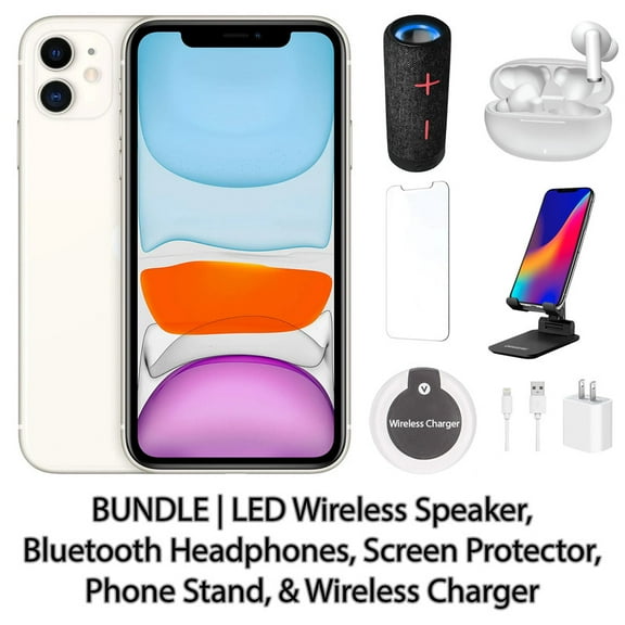 Restored Apple iPhone 11 128GB White Fully Unlocked Bundle: LED Wireless Speaker, Bluetooth Headphones, Screen Protector, Wireless Charger, & Phone Stand (Refurbished)