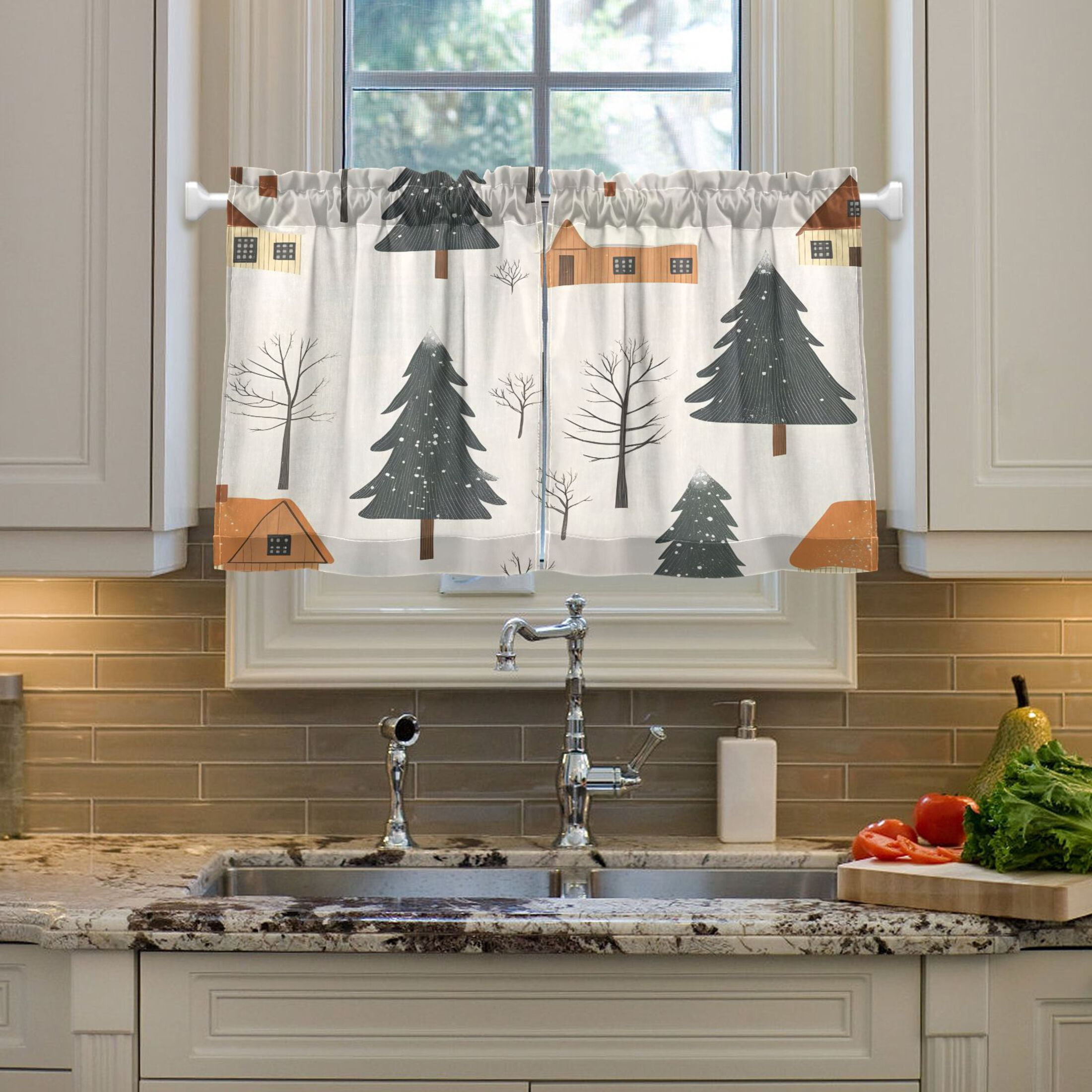 Winter Landscape 27"x36" Linen Look Cafe Curtain Set with Privacy and UV Protection
