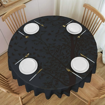 

Tablecloth Black-Crow-Raven-Bird-On-Tree-Branch-Camo Table Cloth For Circular Tables Waterproof Resistant Picnic Table Covers For Kitchen Dining/Party