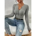 thumbnail image 5 of ZOELNIC Women's Long Sleeve Ribbed Knit Top V-Neck Button-Up Shirt, Slim Fit Fall Casual Blouse, Solid Color Stretch Basic T-Shirt for Women, M, 5 of 8