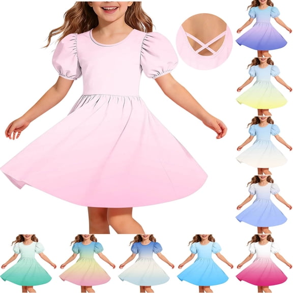 Ashirexll Girls Summer Dress Children Short Sleeve Round Neck Classic Back Solid Color Casual A-Line Dress for Preteen Kids