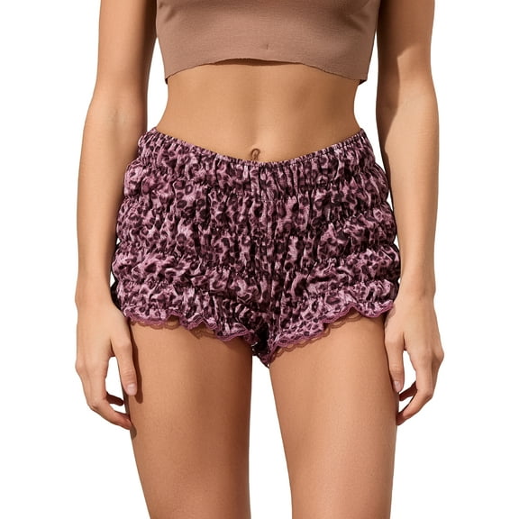 Michellecmm Women Leopard Shorts Tiered Smocked Low Rise Lace Trim Short Pants