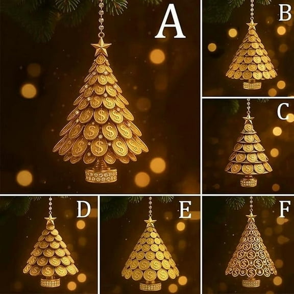 Nkmbld Shining Gold Coin Christmas Tree Ornament 3D Stacked Gold Wealth Tree Decor with Rhinestone Base for Xmas Holiday Festival Blessing Gift