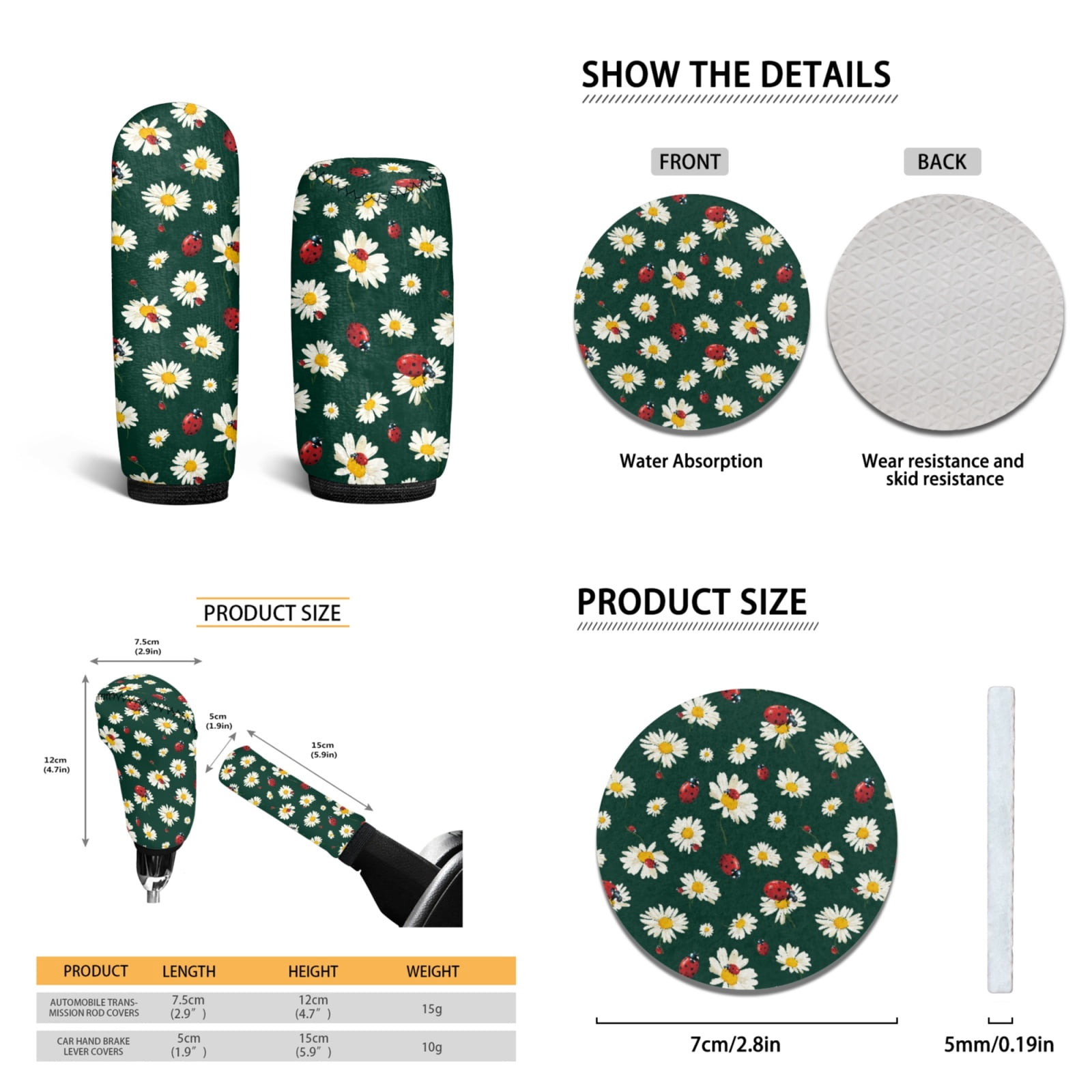 Yuyamidu Daisy Car Seat Cover Set of 15 Ladybug Car Carpet Mats Steering Wheel Cover Seatbelt Cushion Pad Gear Shift Knob Cover Set Cup Holder, Green
