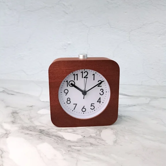 Brown, analog wooden alarm clock - classic pointer clock with hour