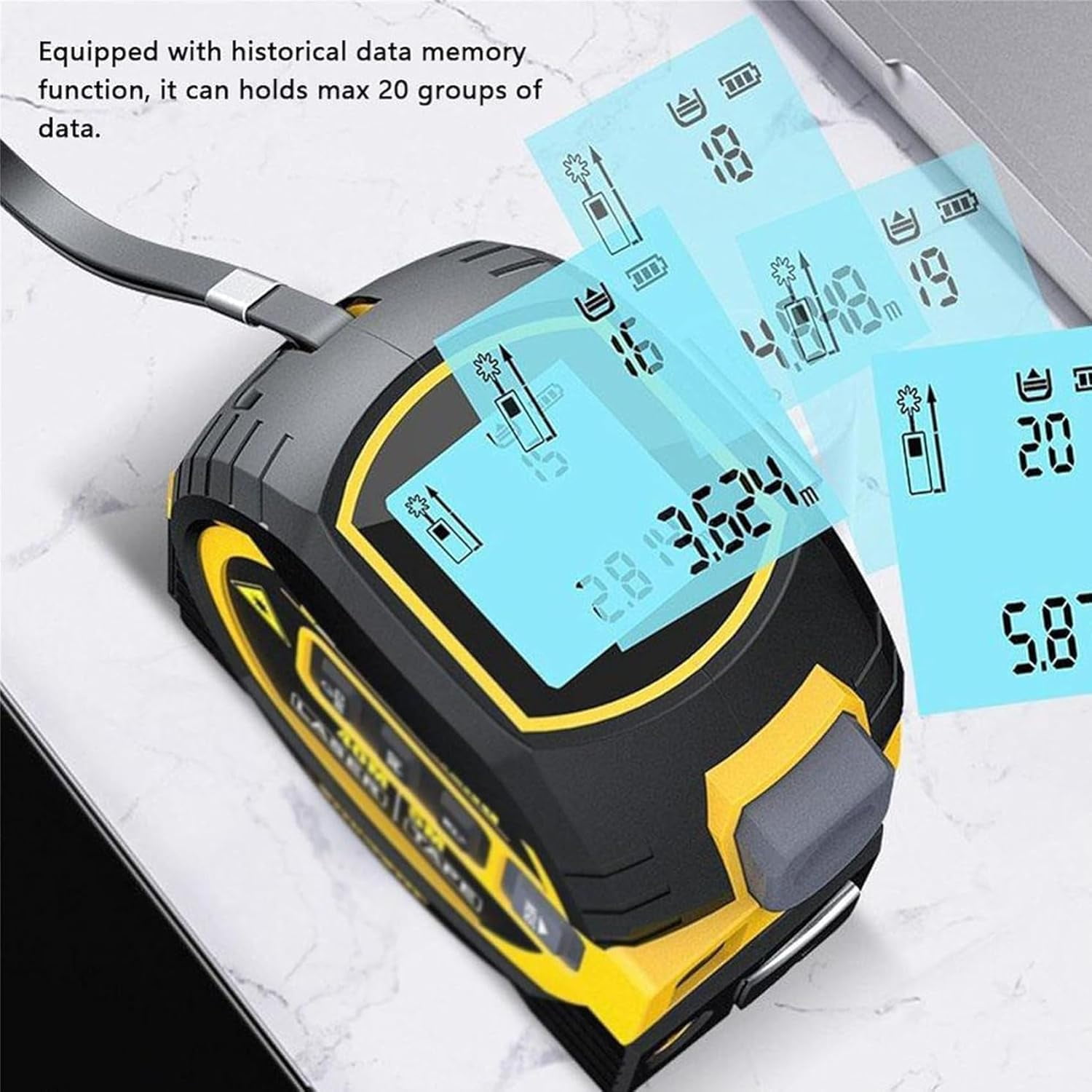 3 In 1 Infrared Laser Tape Measuring Tool Digital 196FT 60m Retractable Electric LCD Display Yellow