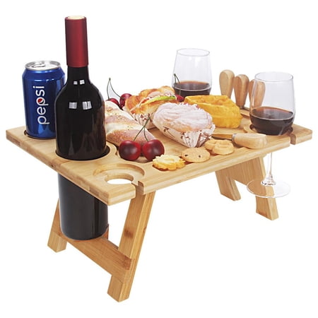 Portable Wine Picnic Table  Folding Bamboo Snack Table with Wine Bottle and Glass Holder for Camping  Beach  Park  Ideal Wine Lover Gift