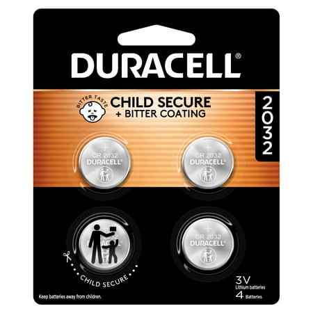 Duracell 2032 Lithium Coin Battery 3V, CR2032 Battery, Bitter Coating Discourages Swallowing, 4 Pack