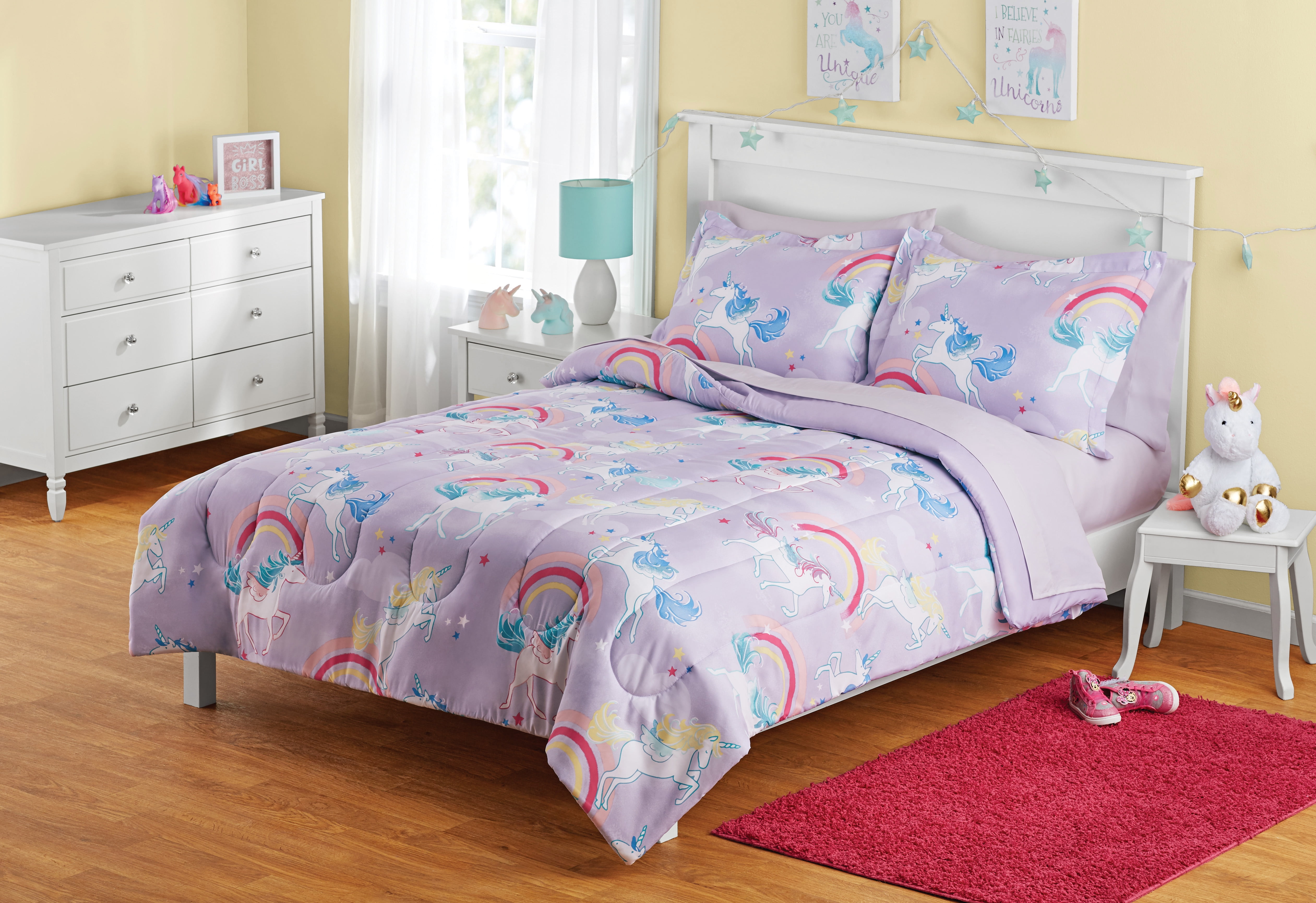 TWIN SIZE KIDS BED IN A BAG SET Rainbow Unicorn Pink Design Home Child Bedroom