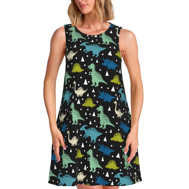 Fotbe Dinosaur Vestido de Verano sin Mangas para Mujer – Vestido Midi Línea A, Estilo Camiseta Floral, Vestido Playero Casual y Fluido