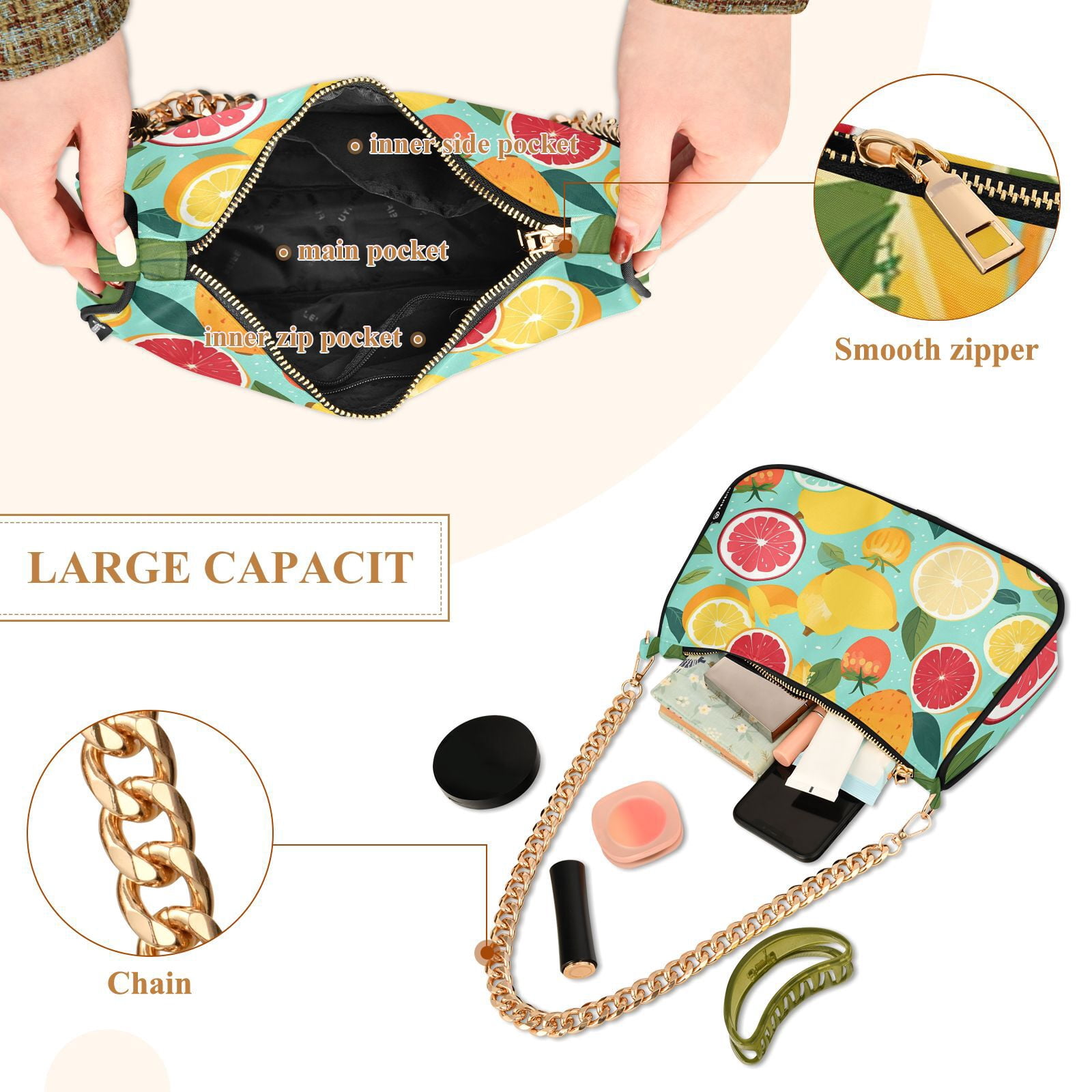 Grapefruits Pears LemonsWomen Small Shoulder Bag Crossbody Tote Hobo Bags Purse Clutch Handbags with Chain Strap for Women