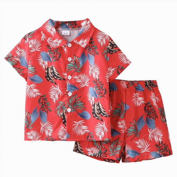 KPOPLK Toddler Baby Boy Clothes Boys Solid Color Texture Button Up Collared Shirt Top Shorts 2 Piece Set Summer Casual Outfits(3-4 Years,Red)