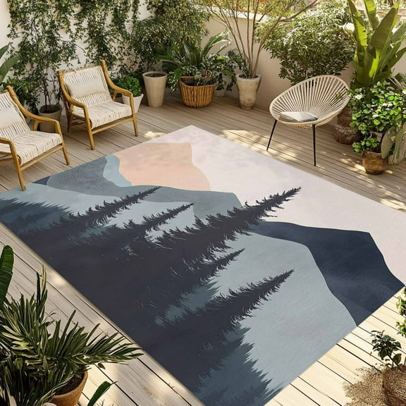 Fsddascl Mountain Forest Outdoor Rug for Patio/Deck/Porch, Non-Slip Large Area Rug 6 x 9 Ft, Nature Tree Scenery Watercolor Pink Blue Indoor Outdoor Rugs Washable Area Rugs, Camping Rug Carpet