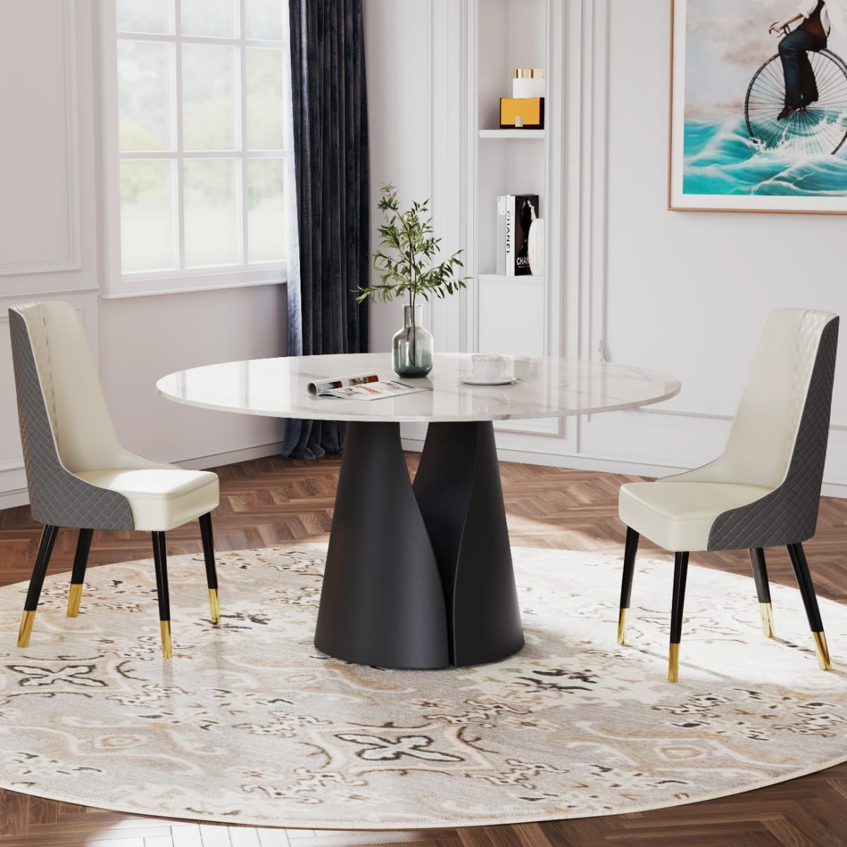 POVISON 47"Modern Round White Dining Table for 4, Matte Sintered Stone Tabletop, Solid Black Carbon Steel Base