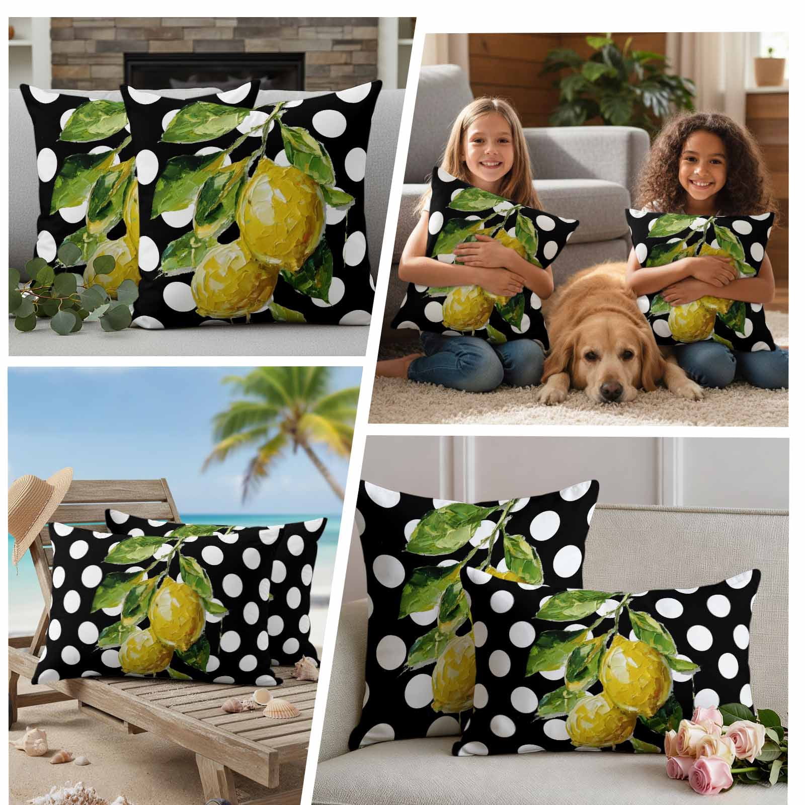 Outdoor Pillow Covers Farmhouse Yellow Lemon Green Leaf Waterproof Pillow Cases 16x16 Set of 2, Black White Polka Dot Throw Pillow Cover Pillowcase for Patio Balcony Couch Garden