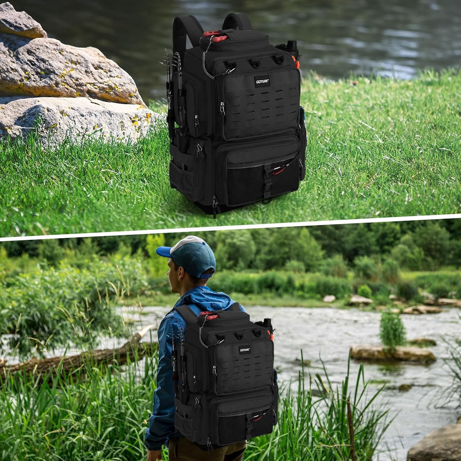 Fishing Backpack 55L Large Tackle Bag with Rod Holder EVA Bottom Rain Cover 600D Waterproof Storage for Camping Hiking