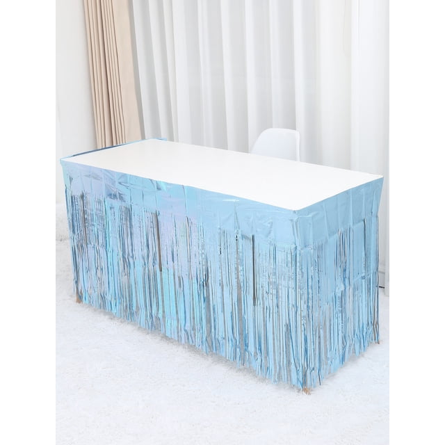 Nvzi Juego de 5 faldas de mesa con flecos de papel metalizado de color azul de 29 x 108 pulgadas (9 pies de largo), faldas desechables de oropel para carrozas de desfile, baby shower, boda