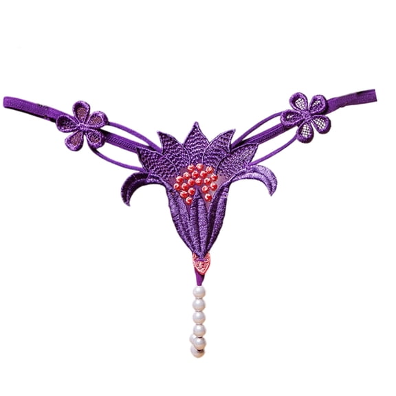 Huhudde Women's Low Rise Briefs Panties Floral Embroidery Pearls Massage G-String Thongs Underwear Night Lingerie Underpants