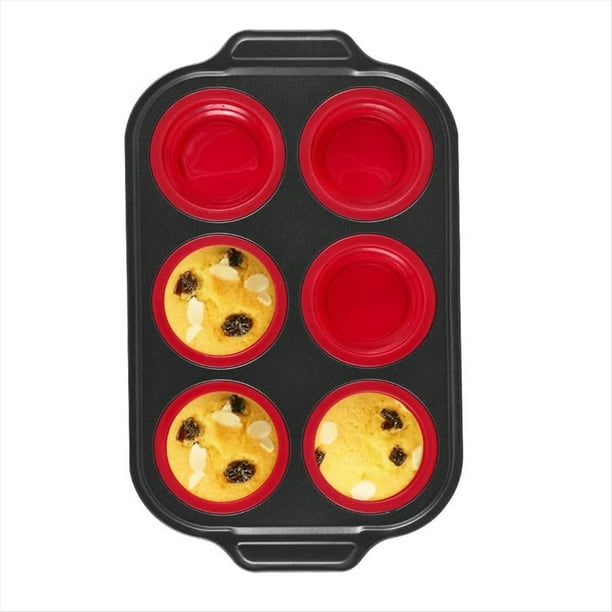 Molde para Muffins de Silicona para Hornear, Molde para Muffins con de Metal, Molde para Huevos, 6 Tazas, Rojo